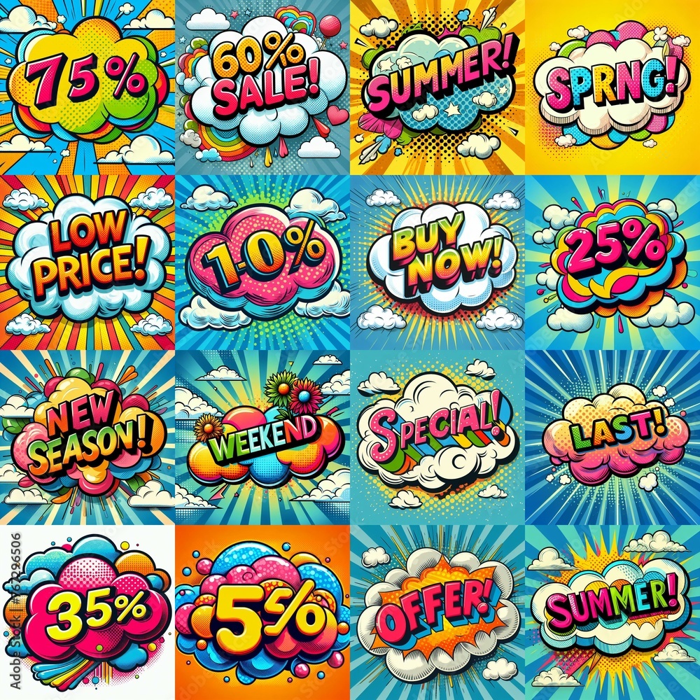 Sale stickers pop art style. AI generated illustration