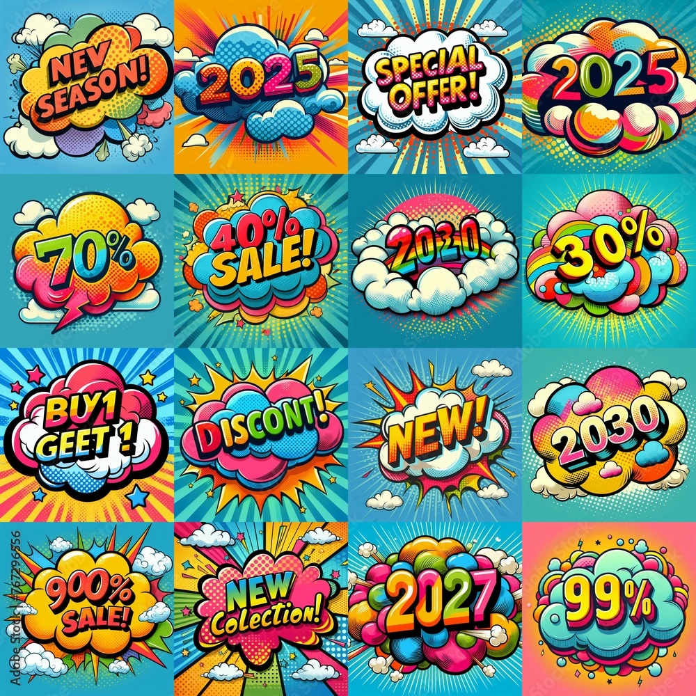 Sale stickers pop art style. AI generated illustration Sale stickers pop art style. AI generated illustration