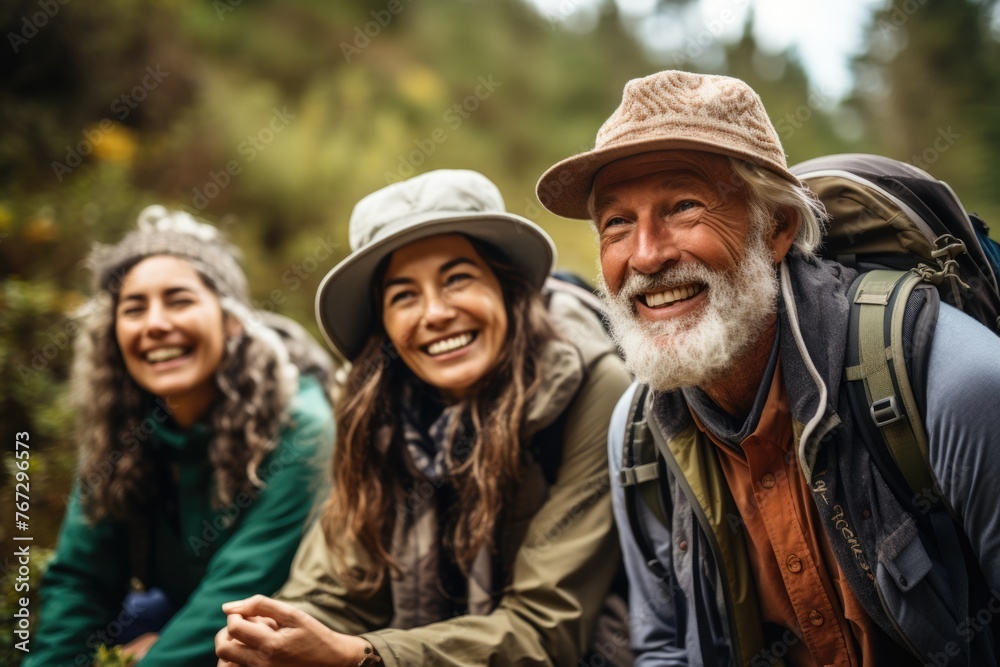 A diverse group of senior hikers resting on a nature trail, displaying their passion for outdoor activities and the serene beauty of their surroundings.