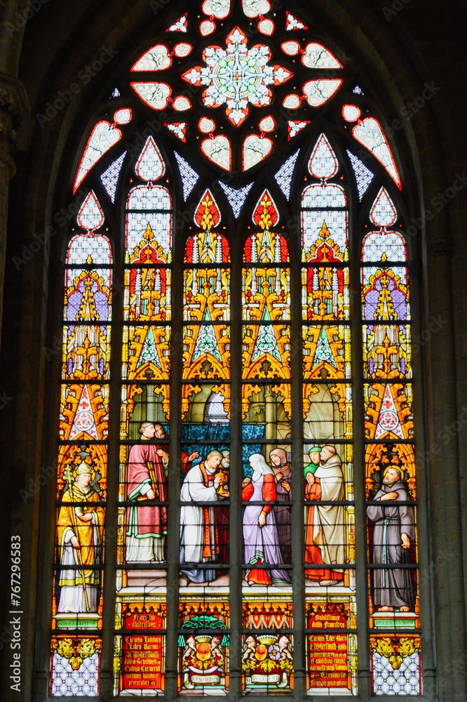 The details of the Colorful stained glass of Cathedral of St. Michael and St. Gudula.