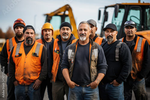 A diverse group of construction workers, standing confidently in front of construction machinery, symbolizing the collective skills and hard work that drive progress on a construction site.