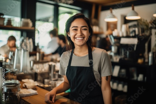 A woman barista at a coffee shop, expertly preparing coffee beverages with a smile, exemplifying her skill in the service industry and her role in creating enjoyable coffee experiences.