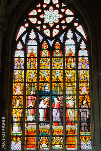 The details of the Colorful stained glass of Cathedral of St. Michael and St. Gudula.