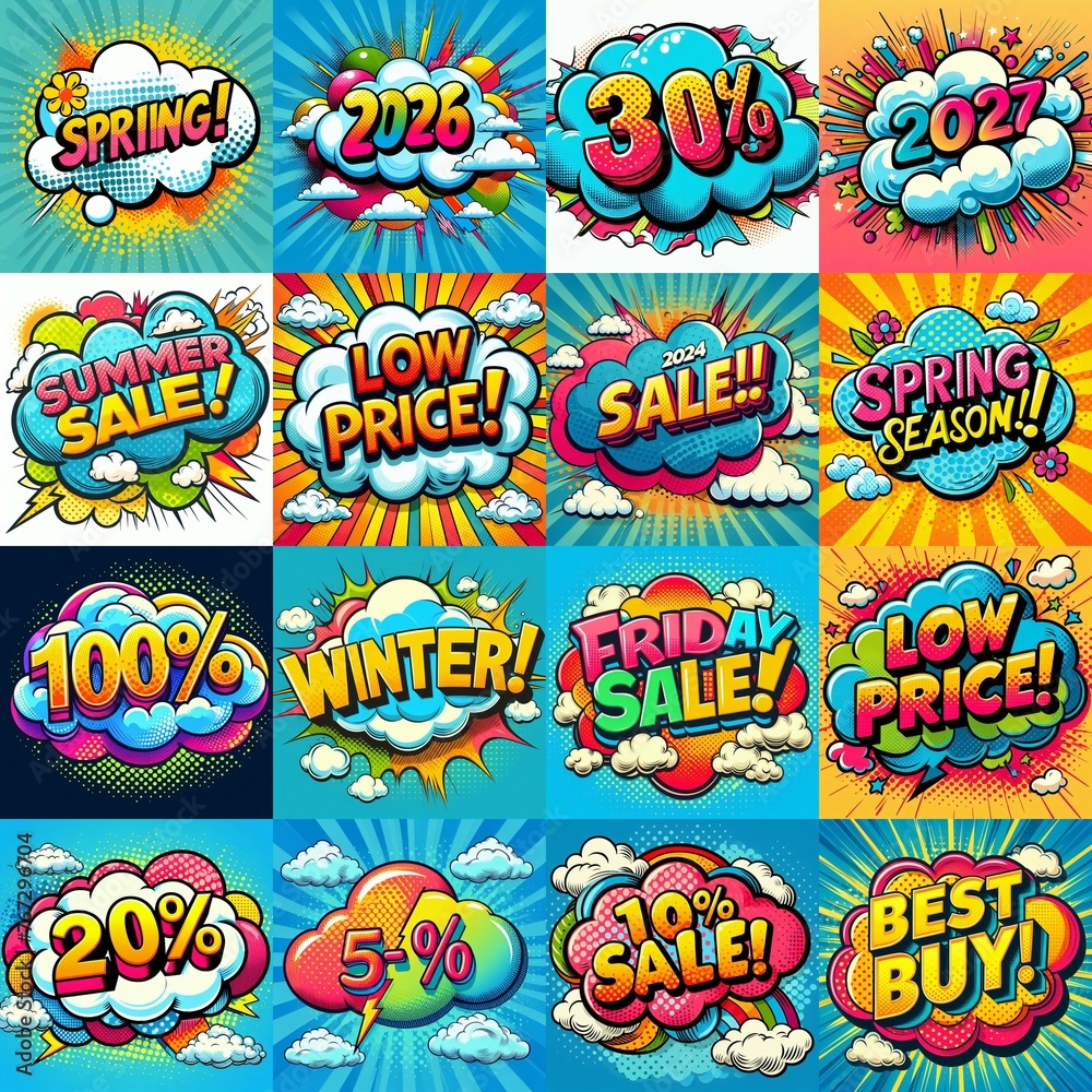 Sale stickers pop art style. AI generated illustration Sale stickers pop art style. AI generated illustration