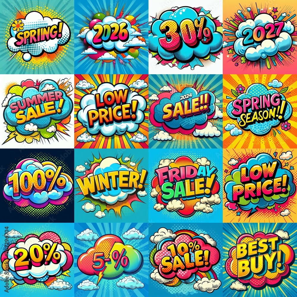 Sale stickers pop art style. AI generated illustration