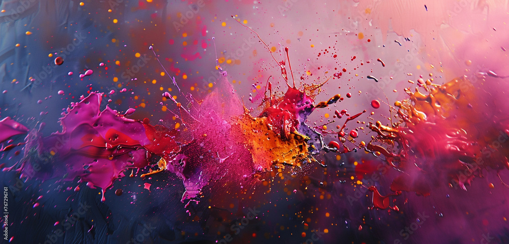 Abstract shapes emerge as paint splatters collide and disperse across the canvas.