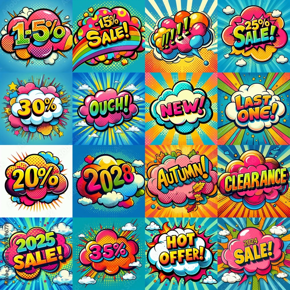 Sale stickers pop art style. AI generated illustration