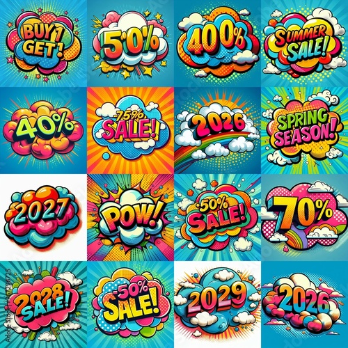 Sale stickers pop art style. AI generated illustration