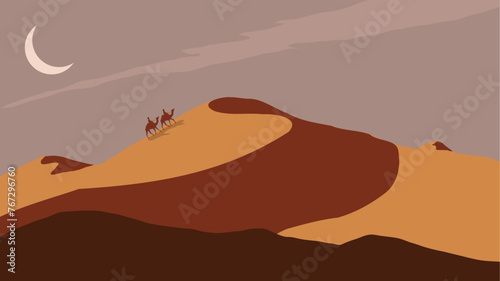 vector  of camels in the desert at night  landscape background