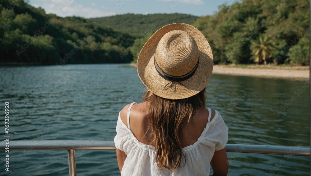 back view of woman in straw hat standing on boat and looking at river