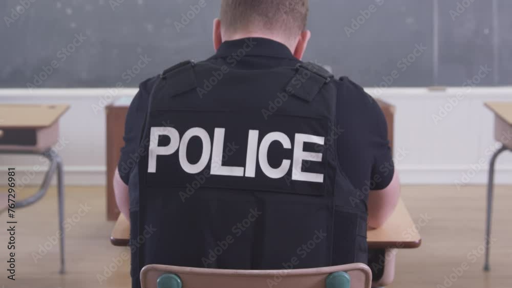 Cop in police school classroom slumped shoulders Cop in police school classroom slumped shoulders
