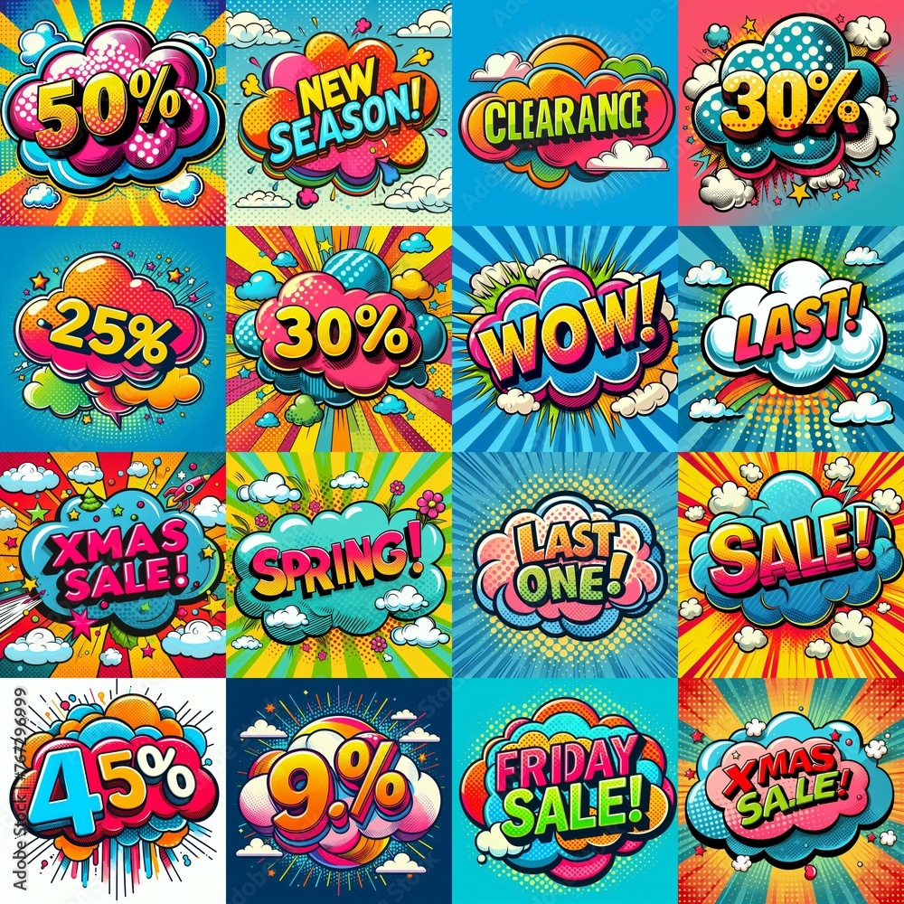 Sale stickers pop art style. AI generated illustration Sale stickers pop art style. AI generated illustration