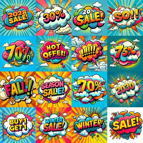 Sale stickers pop art style. AI generated illustration