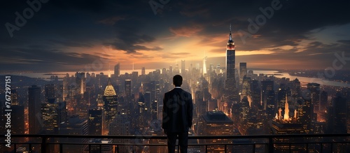 Businessman standing on the bridge and looking at the city at sunset