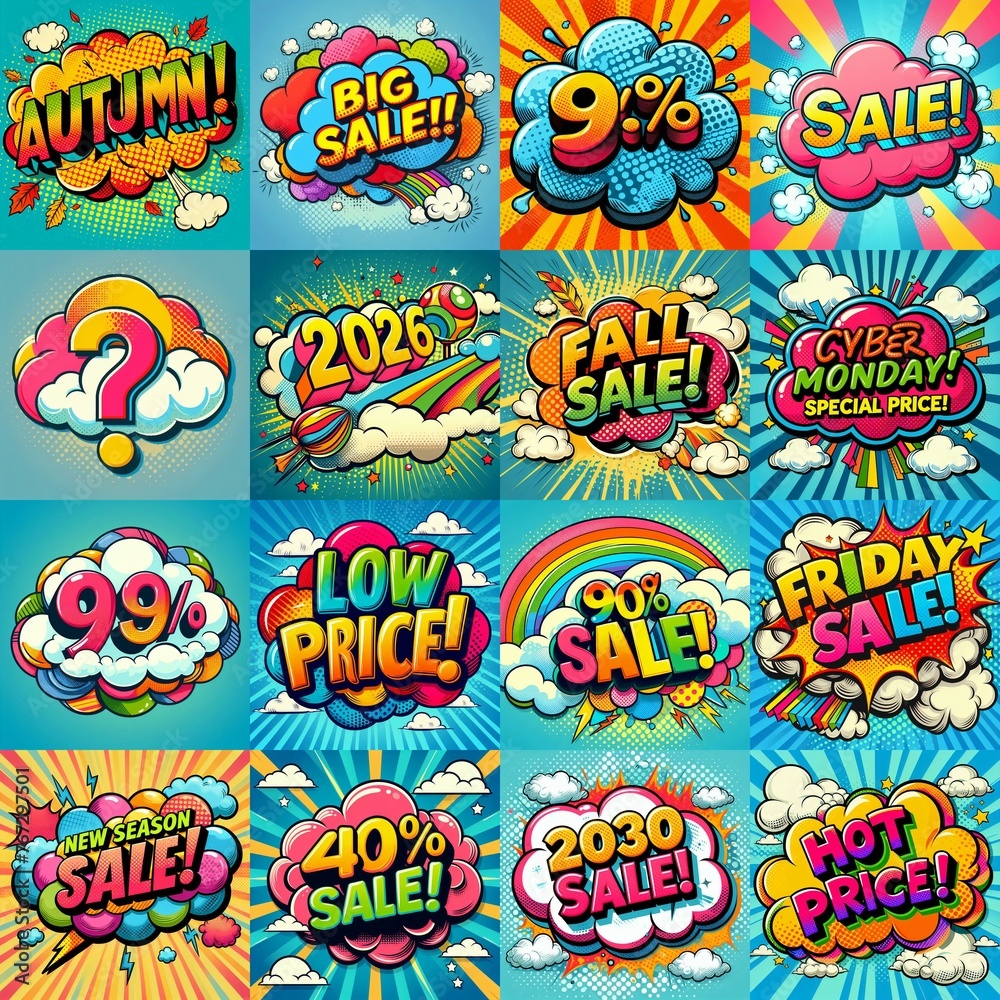 Sale stickers pop art style. AI generated illustration Sale stickers pop art style. AI generated illustration