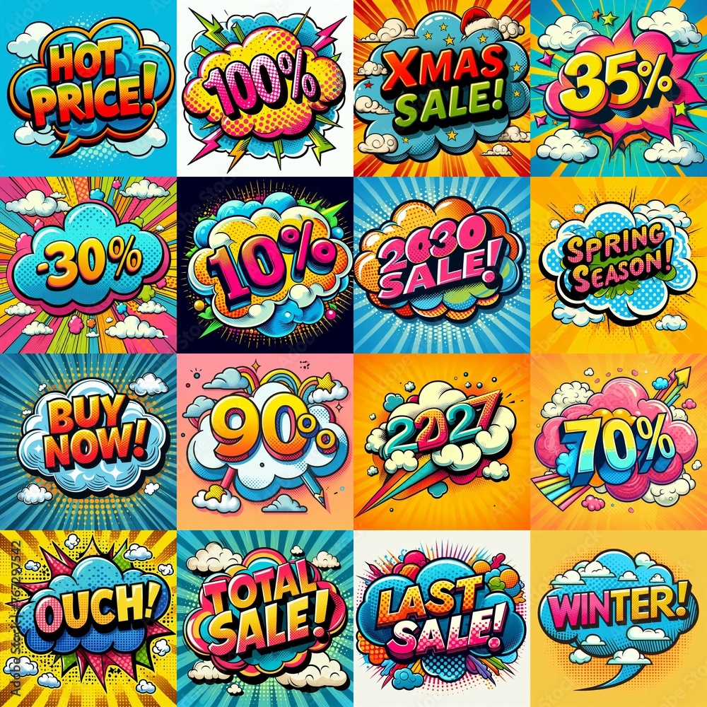 Sale stickers pop art style. AI generated illustration