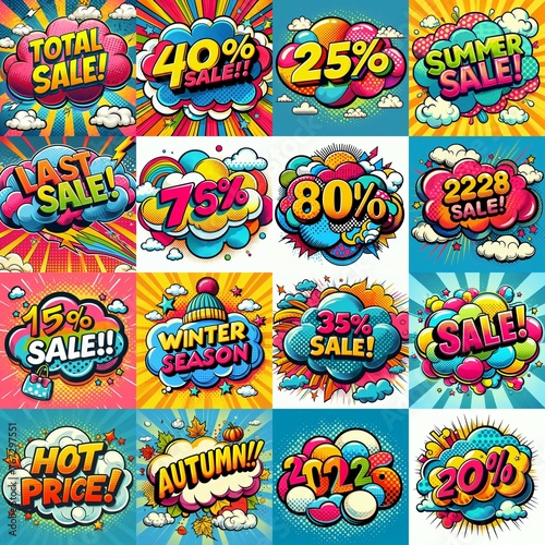 Sale stickers pop art style. AI generated illustration