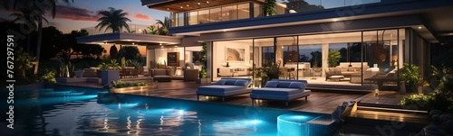 real estate Luxury Interior and exterior design pool villa with living room at night sky home © KRIS