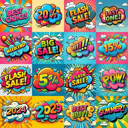 Sale stickers pop art style. AI generated illustration