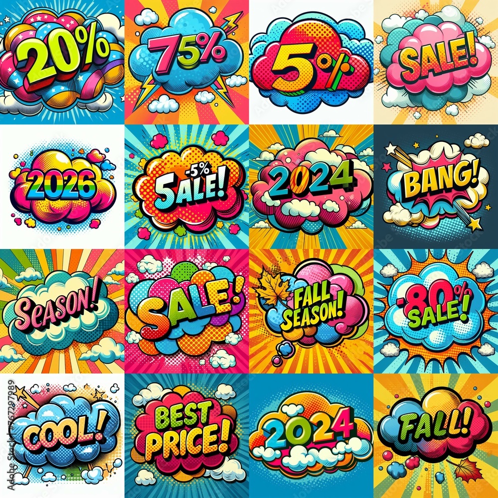 Sale stickers pop art style. AI generated illustration