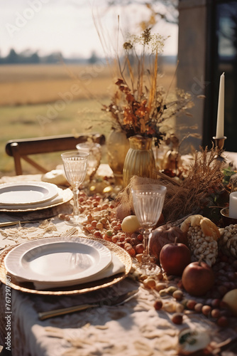 Happy Thanksgiving day traditional dinner setting meal. Pumpkins, fruits and turkey background. Celebrating autumn holidays.