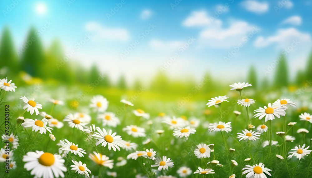 Beautiful blurred spring background nature with blooming glade chamomile, trees and blue sky on a sunny day.