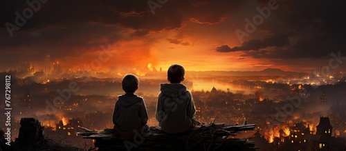 Two little boys sitting on the roof of a building and reading a book. photo