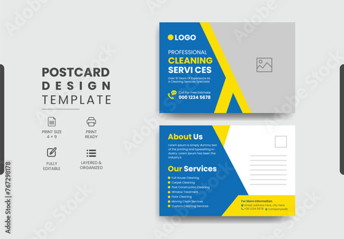 Professional cleaning services postcard template design, creative modern cleaning services agency postcard.
