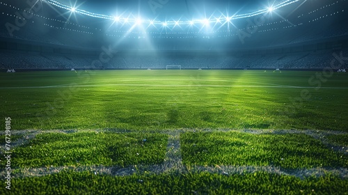 Fototapeta Naklejka Na Ścianę i Meble -  soccer stadium arena with a spotlight on the green grass field, prepared for a competitive championship match, emphasizing the sport background and event setting