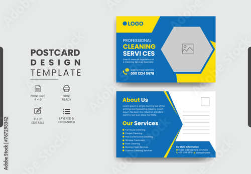 Professional cleaning services postcard template design, creative modern cleaning services agency postcard.