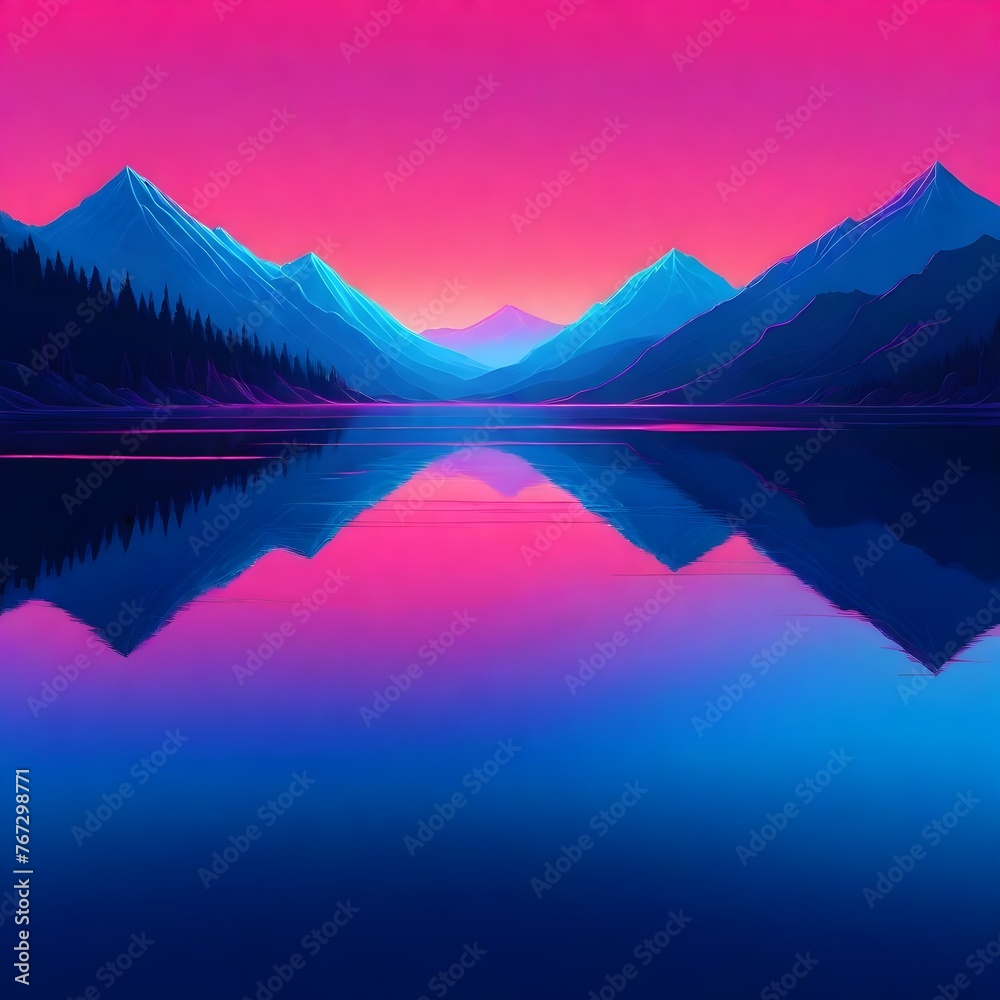 A Neon Pink Square Frame Illuminates a Serene Lake, with Purple Mountains in the Background. The Scene is Enveloped by the Soft Glow of Fireflies.