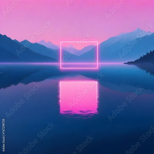 A Neon Pink Square Frame Illuminates a Serene Lake, with Purple Mountains in the Background. The Scene is Enveloped by the Soft Glow of Fireflies. photo