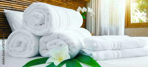 A stack of white towels on the bed in a hotel room with a blurred background.