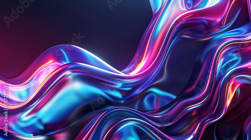 futuristic abstract fluid 3d render featuring a holographic iridescent neon curved wave in motion with a dark background