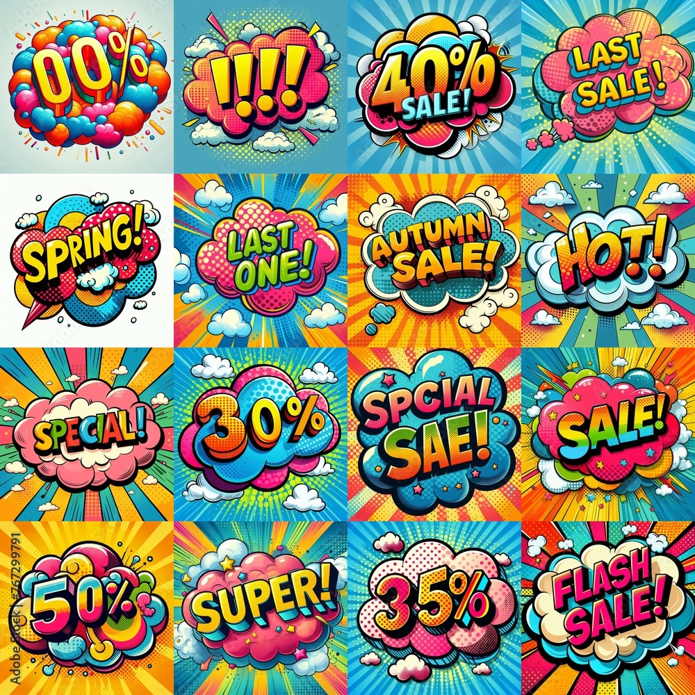 Sale stickers pop art style. AI generated illustration Sale stickers pop art style. AI generated illustration