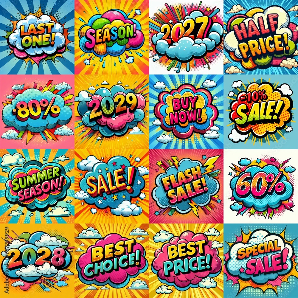 Sale stickers pop art style. AI generated illustration Sale stickers pop art style. AI generated illustration