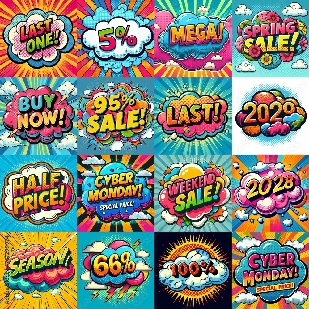 Sale stickers pop art style. AI generated illustration