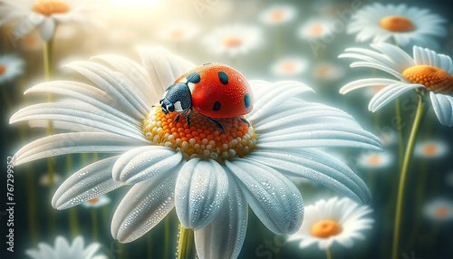 A ladybug sits on a delicate chamomile petal. The white petals are dotted with fresh morning dew, sparkling under the soft morning light. © Jakob