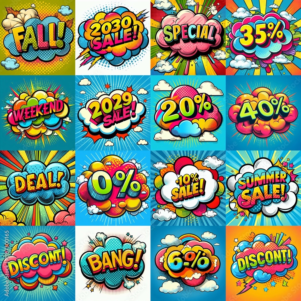 Sale stickers pop art style. AI generated illustration