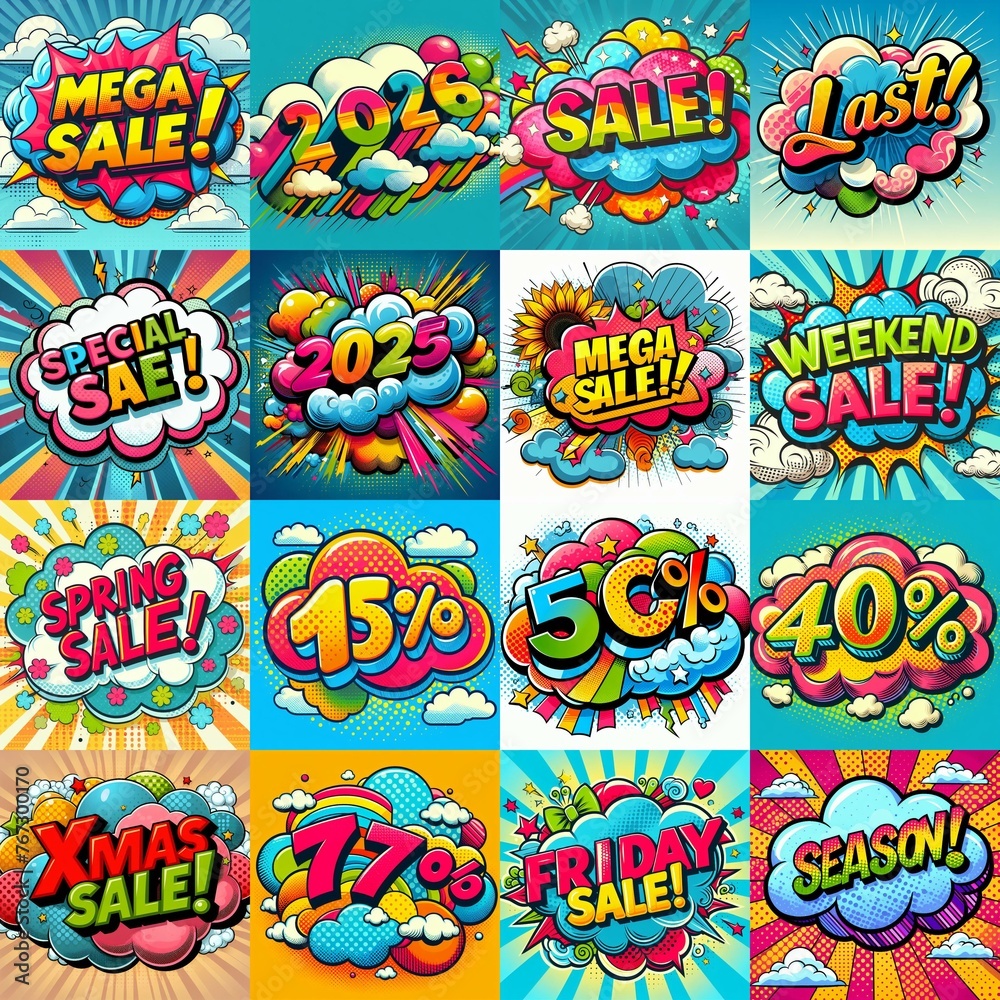 Fototapeta premium Sale stickers pop art style. AI generated illustration
