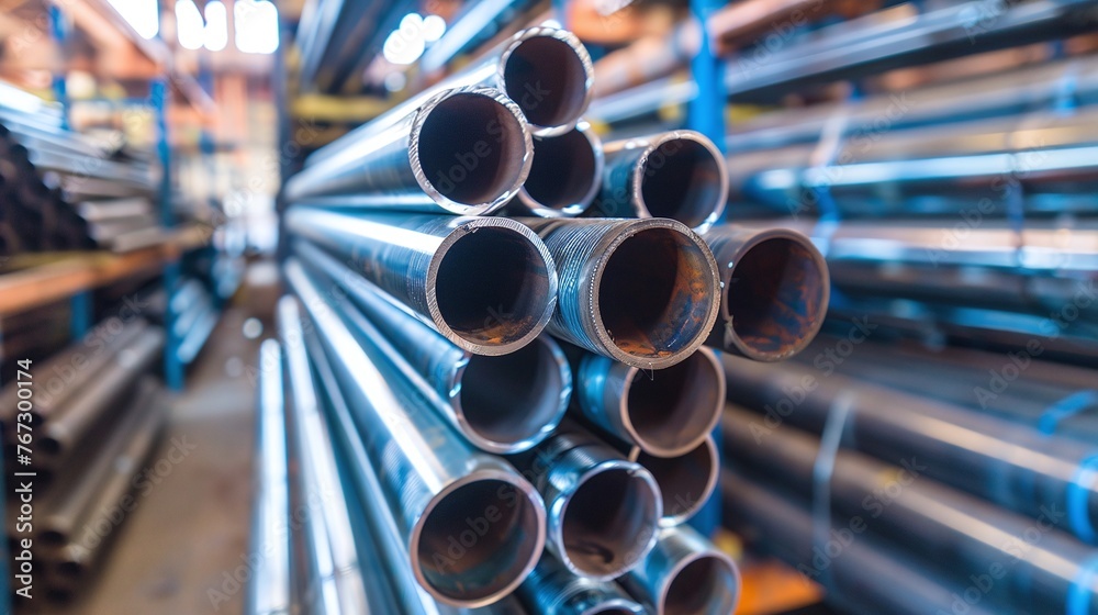 high quality aluminum and steel pipes in stack within a warehouse, waiting for shipment, representing the steel industry’s fabrication and logistics high quality aluminum and steel pipes in stack within a warehouse, waiting for shipment, representing the steel industry’s fabrication and logistics