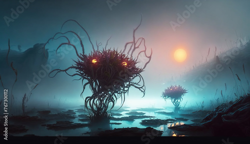 Sentient extraterrestrial plants with tentacles and glowing eyes, living in the wetlands on a dark alien planet. Misty swamp landscape in dim light of a distant sun. Alien wildlife. photo