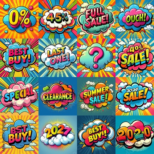 Sale stickers pop art style. AI generated illustration