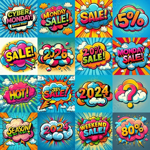 Sale stickers pop art style. AI generated illustration