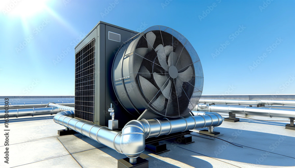 Industrial air conditioner with prominent large fan and complex piping system installed on the roof of a city building. Perspective provides a detailed view of the equipment, emphasizing texture. and 