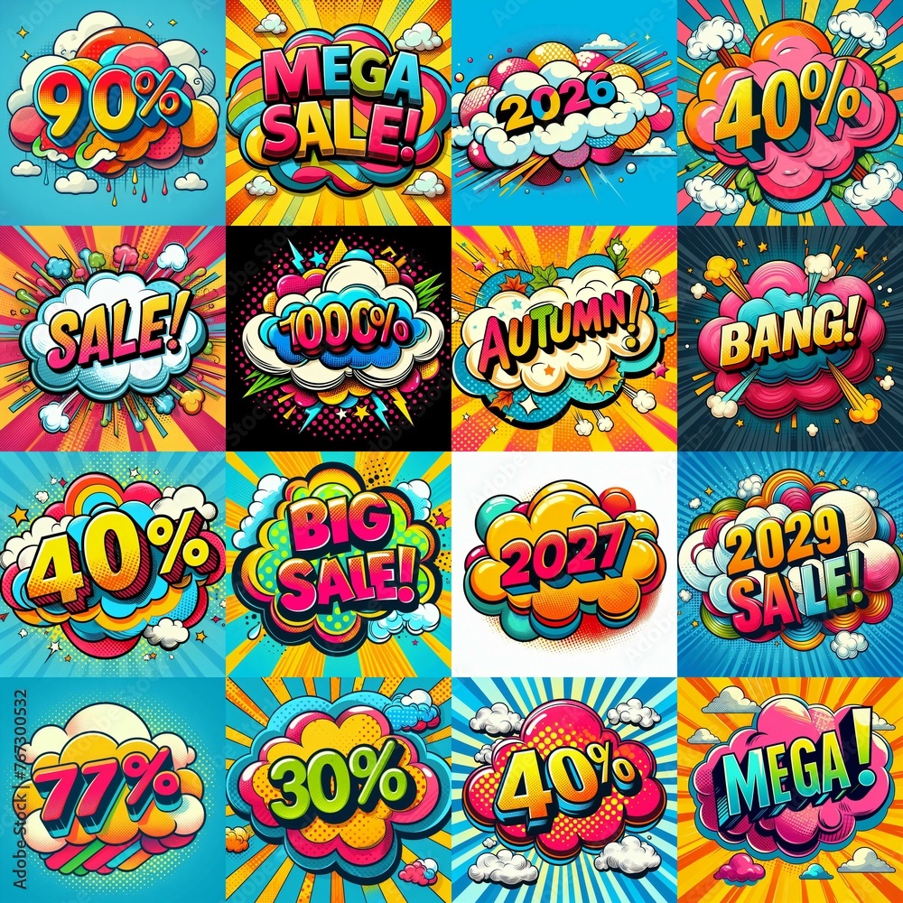 Sale stickers pop art style. AI generated illustration Sale stickers pop art style. AI generated illustration