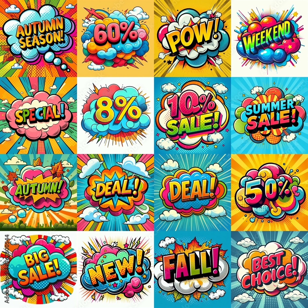 Sale stickers pop art style. AI generated illustration