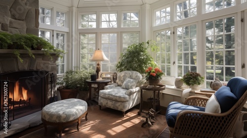 Inviting sunroom with fireplace built-in window seats and garden views.
