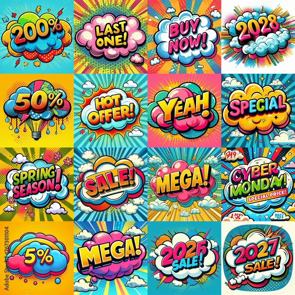 Fototapeta premium Sale stickers pop art style. AI generated illustration