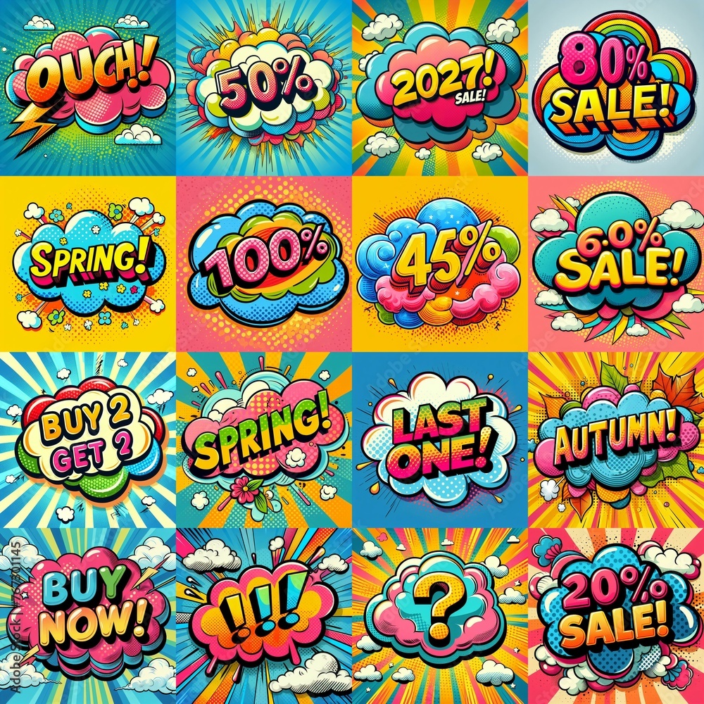 Sale stickers pop art style. AI generated illustration Sale stickers pop art style. AI generated illustration